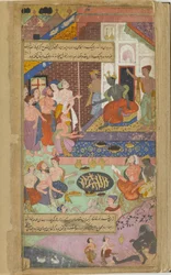 Valmiki instructs Kusa and Lava in the recitation of the Ramayana before the occasion of a sacrifice in Rama