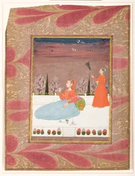 Woman seated on a terrace with an attendant with a chauri
