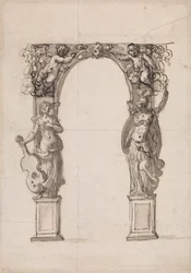Design for a Temporary Arch Ornamented with Putti and Allegorical Figures of Music and War