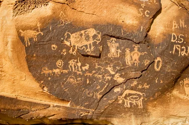 A petroglyph on a boulder with a bison and another pregnant bison at Willow Bend on..., 2005