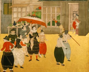 Details from the Namban byobu screen depicting Portuguese traders visiting Japan during the Momoyama period, 2005 (photo)