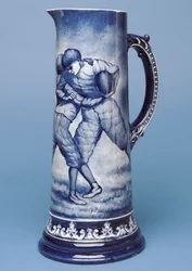 Large Belleek jug with rugby scene (ceramic)