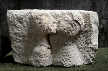 Iberian Art: The Kiss of Osuna. High Relief of Limestone Representing a Man and a Woman Kissing. Iron Age II. Madrid, National Archaeological Museum