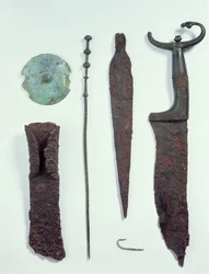 Knife, Spearhead, Fishhook, Clothes Pin, Belt Disc and Axe Found in Male Graves at Hallstatt, Iron Age