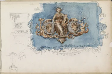 Vignette with Seated Woman and Two Portraits