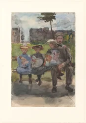 A Man with Three Girls on a Bench in the Oosterpark in Amsterdam