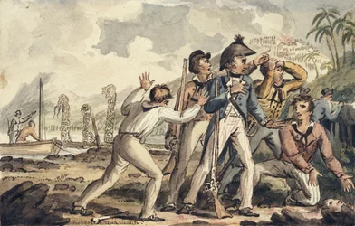 Captain Burney Discovering His Murdered Shipmates, illustration from "The Voyages of Captain Cook"