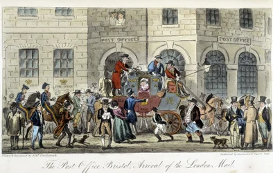 Post in London: The Post Office Bristol, Arrival of the London Mail - in The English Spy by Charles Molloy Westmacott, drawing by Robert Cruikshank, London edition