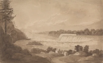 View of Niagara Falls with the Falls in the Background, Right, and Landscape with Houses in the Foreground