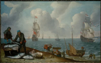 Fishermen with Catch on the Beach, Warships in a Bay
