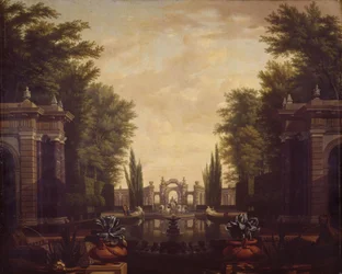 Water Feature with Statues and Buildings in a Park