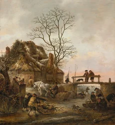 Winter Landscape with a Cottage near a Bridge