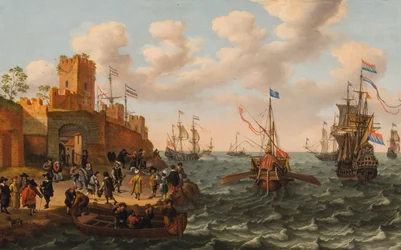 A Dutch Three-Master and a Papal Galley with other Shipping Along the Coast of a Fortified Town, c.1662