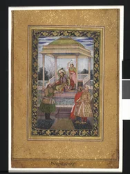 Emperor Jahangir in pavilion with attendants
