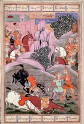 Bijene and Roham go to attack Firoud. Persian miniature from a manuscript of the epic poem 