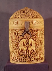 Pyx with a Relief Depicting the Pleasures of Courtly Life, Inscribed with the Name Al-Mughira, Son of the Caliph Abd-al-Rahman III, Umayyad Period, from Cordoba, 968 AD