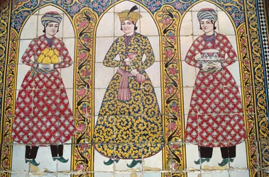Tile panel illustrating traditional costumes