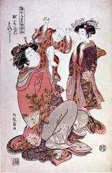 The Courtesan Morokoshi of Echizan with Child and Attendant