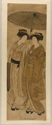 Two Young Women Walking Under an Umbrella