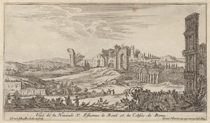 View of the Navicule St. Stephen the Round and the Colosseum of Rome