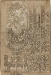 Illusionistic Ceiling with a Grape Arbor, Figures Poised on Galleries, and a Central Scene of Olympian Gods
