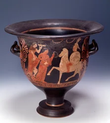 Krater from Cumae representing an offering scene (terracotta, 320-310 BC)
