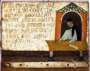 A camerlengo, depicting the payment of taxes. Biccherna (cover of the accounting register of the city of Siena) from 1270. State Archives, Museo delle Tavolette di Biccherna, Siena.
