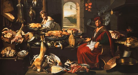 A Cook in a Well-Stocked Kitchen with a Serving Woman