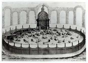 A Rabbitry with an Aviary for small birds, from Le Fabbriche e i Giardini dellEcc. Casa Barbariga, by D. Rossetti, engraved by G. Campana, published 1702