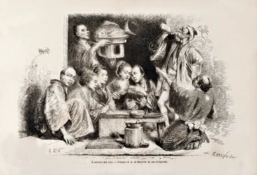 A Small Party Drinking Sake, from the Italian edition of Tour du Monde, 1869