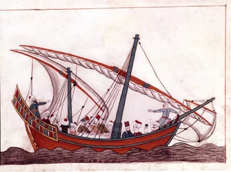 A Turkish boat. Miniature from Turkish Memorials (codex Cicogna 1971 Memorie Turchesche) Watercolour from the 17th century Venetian school.