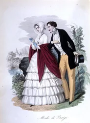 A gallant scene: an elegant couple of fashionable Parisians. 1848 (engraving)