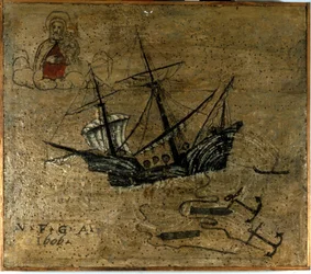 A galleon throws anchors and two cannons to unleash during a storm. Ex voto of 1610 from the Church of the Madonna dell