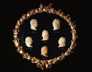 A Set of Six Italian Siena Marble Relief Profile Busts of Roman Emperors, Incised with the Names Octavius, Galbin, Titus, Claudius, Julius and Nero
