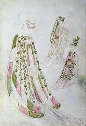 A woman and two men wearing long coats, c.1450
