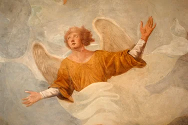 Angel, (detail) from scenes of life of St John, 17th century, fresco, early Christian baptistery, portico of Novara Cathedral, Piedmont, Italy