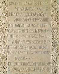 Archaeology of the Middle Ages. Barbarian Art of Lombardy: tombstone of Queen Ragnetrude dates from 740-750. Lombard art. Pavia, Civic Museum, Archaeological Section
