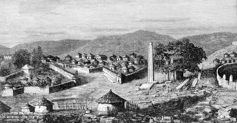 Axoum, the religious capital of Ethiopia, circa 1850. From a drawing by explorer Gustavo Bianchi.