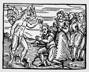 Baptism by the Devil, copy of an illustration from Compendium Maleficarum by Fr M Guaccius, used in History of Magic