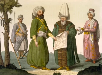 Pasha (Military Commander), a Pasha in Battle Dress, Bodyguard of the Pasha and Page, plate 18 from Part III, Volume I of The History of the Nations, engraved by D. K. Bonatti