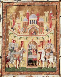 Battle scene at the walls of Jerusalem, from Descriptio Terrae Sanctae by Burchard of Mount Sion