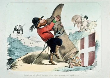 Caricature of Giuseppe Garibaldi emptying a boot (Italy) full of crowns, by Litografia Perrotta