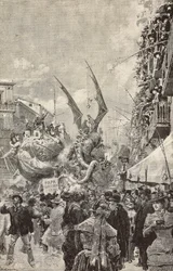 Carts parading during last day of Carnival, Naples, Italy, engraving from drawing by Matania, from L