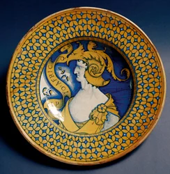 Ceramic plate decorated with the representation of Scipio Africanus (185-129 BC) produced in Deruta, Italy. Around 1520