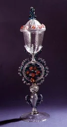 Colourless goblet with elaborate coloured stem by Salviati & Co., 1869