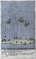 Coral fishing in the Gulf of Trapani in Sicily, a representation of small underwater islands where coral barrels are formed. Engraving from 