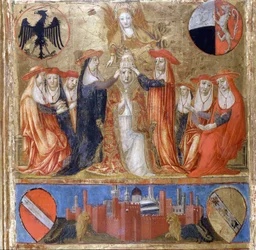 Coronation of Pius II (Enea Silvio Piccolomini) (1405 to 1464). Italian Pope (1458 - 1464). Below is the fortified city of Siena. Biccherna (cover of the accounting register of the city of Siena) from 1460. National Archive - Museo delle Tavolette di