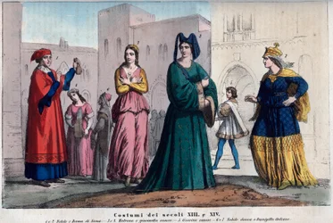 Costumes in Siena between the 13th and 14th centuries - engraving from "Usi e Costumi di Tutti i Popoli dell