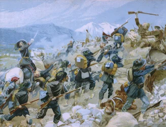 Crimean war and the battle of Chernaya, 16th August 1855, illustration from an album on the history of Risorgimento made for the chocolate Talmone