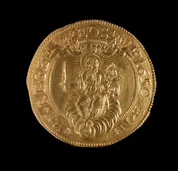 Currency of the Republic of Genoa: 12.5 gold doppie coin. Diam. 61 mm. 1656. back. Genoa Musei di Strada Nuova